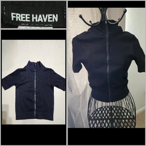 Free Haven Black Short Sleeve Zip-Up Ribbed Top Women Size Small